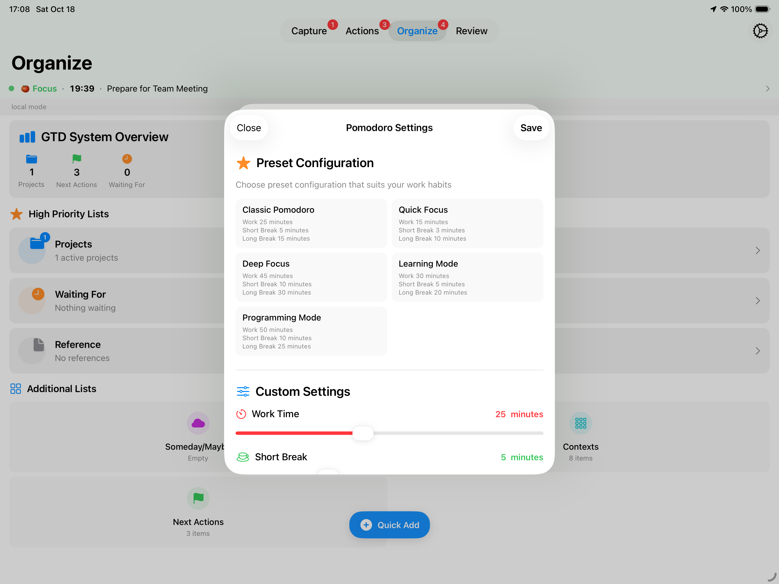 iPad Custom Pomodoro Settings